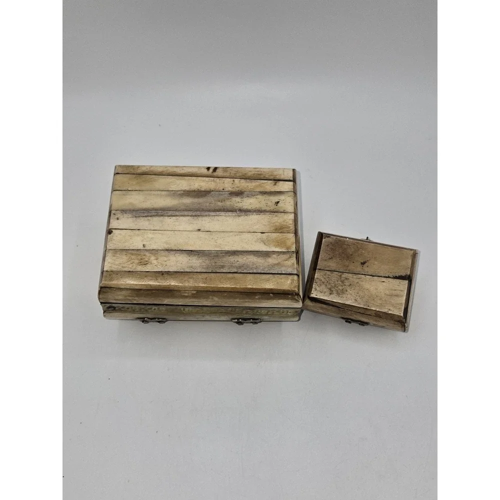 Vintage Camel Bone Brass‎ Jewelry Casket Set Velvet Lined Pair